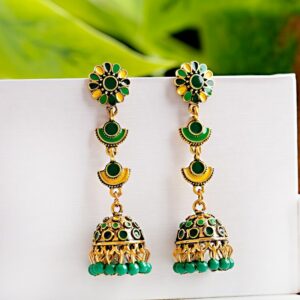 Retro Elegant Women's Afghan Green Flower Indian Earrings Ethnic Gypsy Gold Jhumka Beads Wedding Earrings Jewelry Bijoux 1