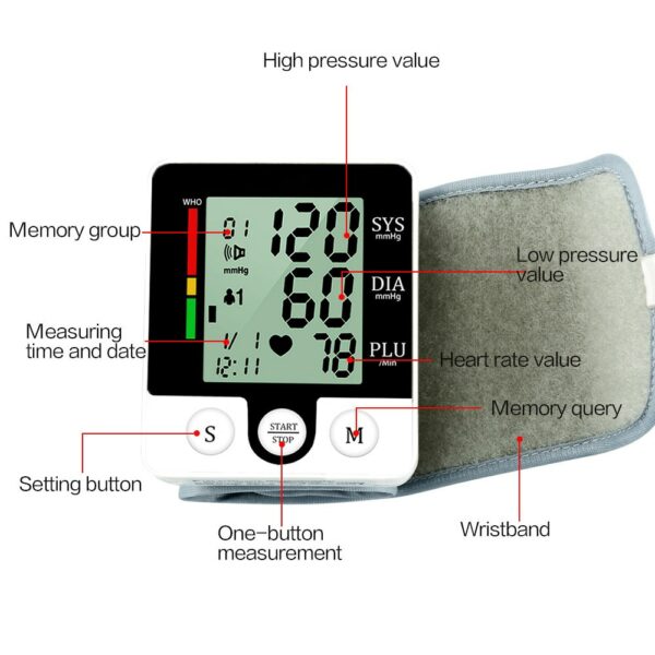 Blood Pressure Monitor Digital Heart Beat Rate Pulse Meter Electric Wrist Voice Alarm Automatic Home Blood Pressure Meter Kit 3