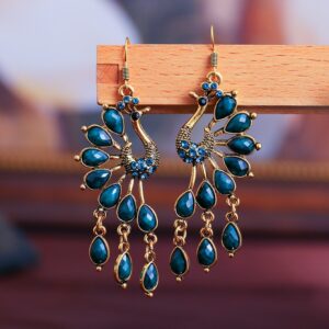 Vintage Women's Peacock Shape Indian Jhumka Earrings Turkish Blue Stone Beads Carved Alloy Dangle Earrings Gypsy Tribal Jewelry 1