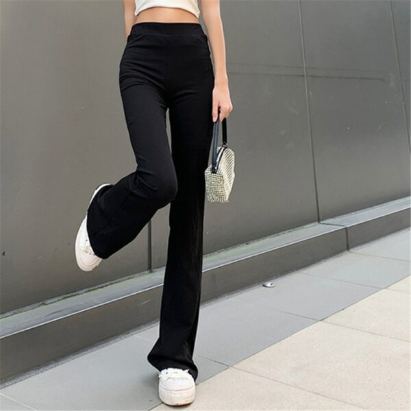 All-Match Women Fashion Elastic Waist Black Flared Pants Solid Color High Waist Wide Leg Trousers Casual Hipster Streetwear 2