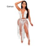 Sexy Women Knitted Set Tassels Two Pieces Set Halter Backless Bra Top Tassels Pants 2 Pieces Crocheted Set Crochet Beach Set 4