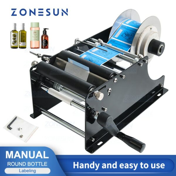 ZONESUN ZS-50 Manual Round Bottle Labeling Machine Beer Cans Wine Adhesive Sticker Labeler Label Dispenser Machine Packing 1