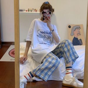 Pajamas for Girls Pijama Femme Home Suit Plaid Pants Sleepwear Women's Cotton Sweetheart Pyjamas Lounge Wear 2020 1