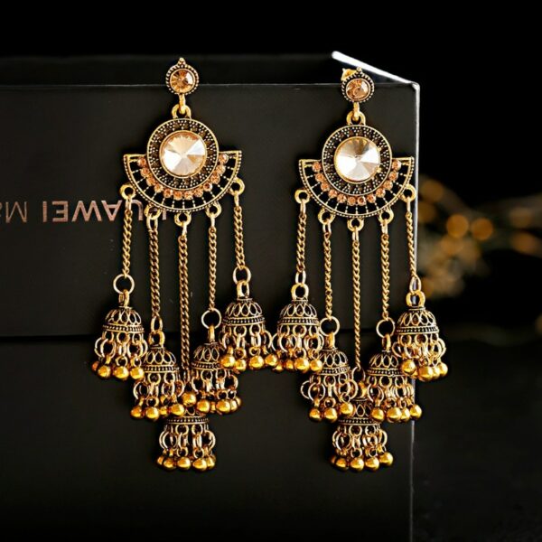 Women's Retro Big Gold Jhumka Earrings Indian Jewelry Classic White Beads Long Chain Tassel Dangle Earrings Hangers 1