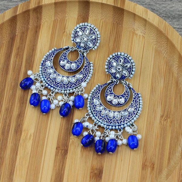 Classic Indian Oxidized Jewelry Earring Boho Crystal Pearl Chandbali Bollywood Party Wedding Wear Double Moon Earrings for Women 4
