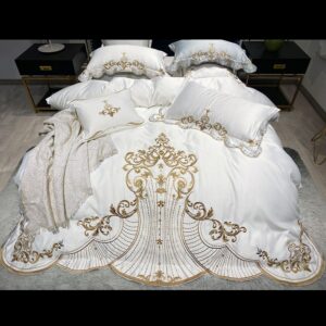 White Soft Satin Silk Cotton Gold Embroidery European Palace Bedding Set Double Duvet Cover Bed Linen Lace Bed Skirt Pillowcases 1