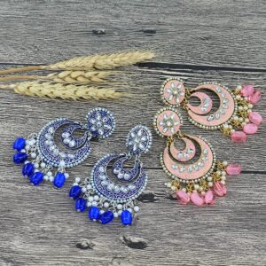 Classic Indian Oxidized Jewelry Earring Boho Crystal Pearl Chandbali Bollywood Party Wedding Wear Double Moon Earrings for Women 1