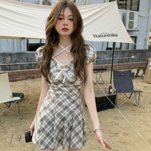 Plaid Suit Short Skirt Women Sets 2022 Summer New Korean Hanging Neck Plaid Tops + High Waist Pleated Skirt Two-piece Clothes 2