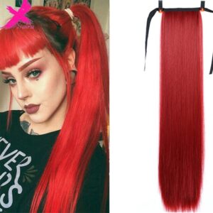 XNaira Synthetic Drawstring Fake Ponytail Wig Red Blonde Black Long Straight Hair Pony Tail Clips In Hair Extensions For Women 1