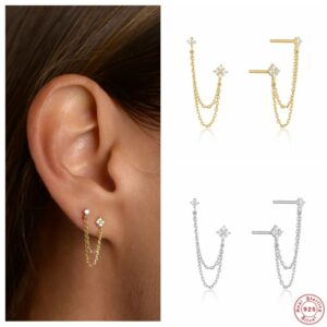 Aide 925 Sterling Silver Four Zircons Flower Stud Earrings For Women Double Studs Chain Tassel Piercing Earring 18K Gold Plated 1