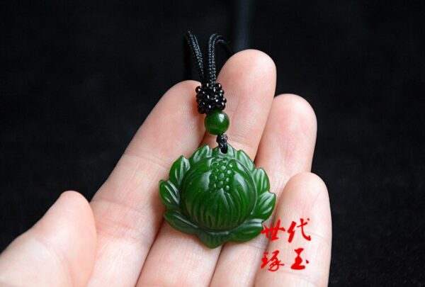 Chinese Green Jade Lotus Pendant Necklace Charm Jewellery Fashion Accessories Hand-Carved Man Woman Amulet Free rope 3