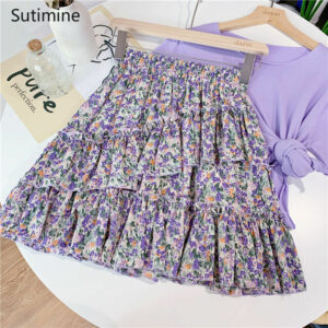 Sutimin Summer Women Skirts Shorts A-line Floral Printed Ruffle High Waist Skirts Women Cute Sweet Girls Dance Mini Skirt Kawaii 1