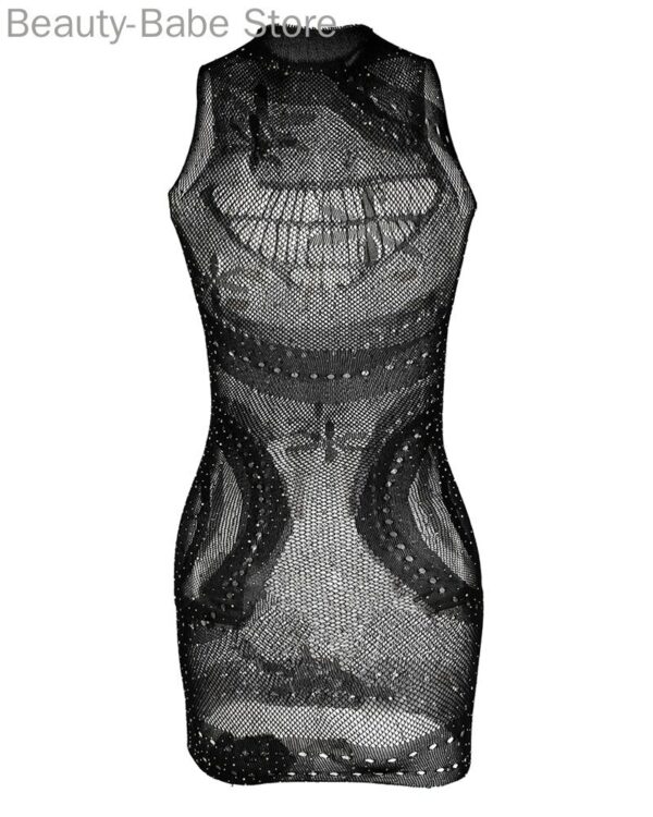 Women Sexy Sheer Mesh Rhinestone Hollow Out Bodycon Party Dress 5