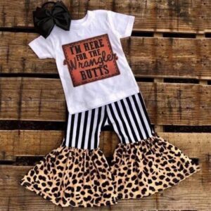 Wholesale Toddler Baby Girls Kids summer clothes Outfits children Letter T-shirt Ruffle Striped Leopard Bells Bottom Pants Sets 1