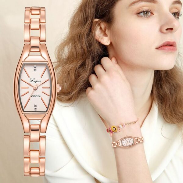 Women Bracelet Watch Rose Gold Fashion Luxury Stainless Steel Wrist Watch Rhinestone Ellipse Creative Ladies Dress Quartz Watch 1
