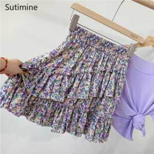 Sutimin Summer Women Skirts Shorts A-line Floral Printed Ruffle High Waist Skirts Women Cute Sweet Girls Dance Mini Skirt Kawaii 2