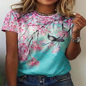 Flower and bird pattern women's short-sleeved top daily casual 2022 summer new O-neck oversized T-shirt 2