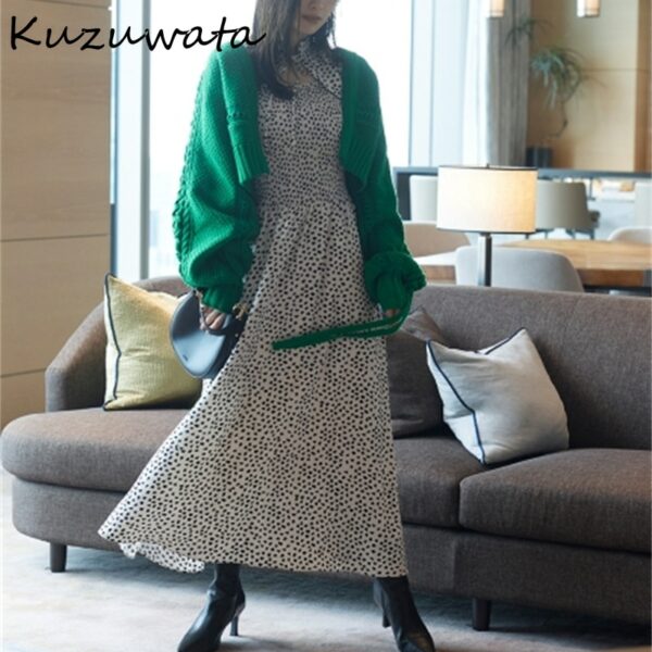 Kuzuwata 2022 Autumn Winter New Women Robes Japanese Temperament Sweet Vestidos Love Printed Drawstring Slim Waist Dresses 1