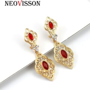 Neovisson Gold Color Arabic Women Dangle Earrings Red Green Crystal Morocco Design 1