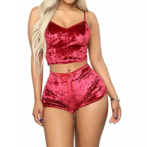 2022 New Fashion Women 2pcs Velvet Sleepwear Sexy Camisole Silky Smooth Shorts Sleeveless Pajama Set Ladies Sleepwear Female 1