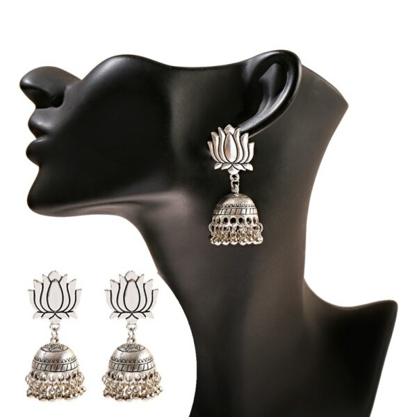 Egypt Vintage Gold Silver Color Lotus Jhumka Bells Tassel Earrings For Women Turkish Tribal Gypsy Indian Jewelry 5