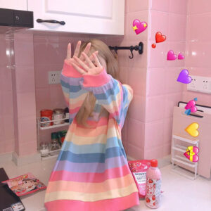 Women's Jacket Autumn Winter Rainbow Striped Long-sleeved Hoodless Shirt Harajuku Female Student Korean Version Tide Loose Thin 1