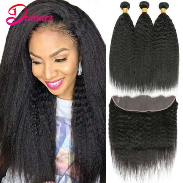 Kinky Straight Bundles With Frontal Human Hair Bundles With 13×4 Lace Frontal With Bundles Peruvian Hair Bundles With Closure 1