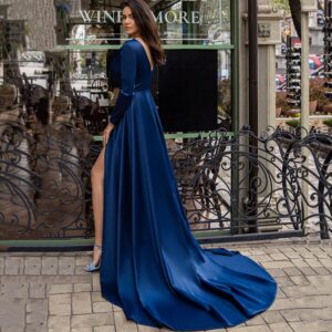 Elegant V-Neck Navy Blue Evening Dress 2022 High Split Prom Gowns Long Sleeves Zipper For Women Satin Vestidos De Noche 2