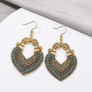 2020 Classic Gold Water Drop Carved Dangle Earrings Womens Indian Jewelry Retro Green Silk Jhumka Earrings 1