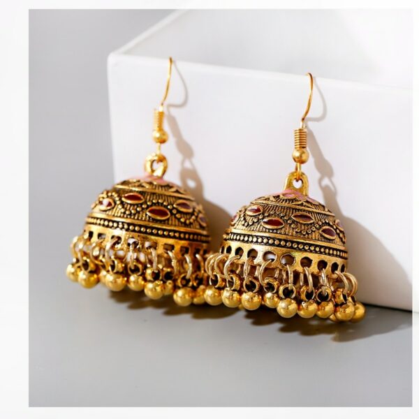 Women's Vintage Ethnic Green Gypsy Gold Indian Earrings Boho Jewelry Retro Bell Tassel Carved Ladies Jhumka Earrings 2