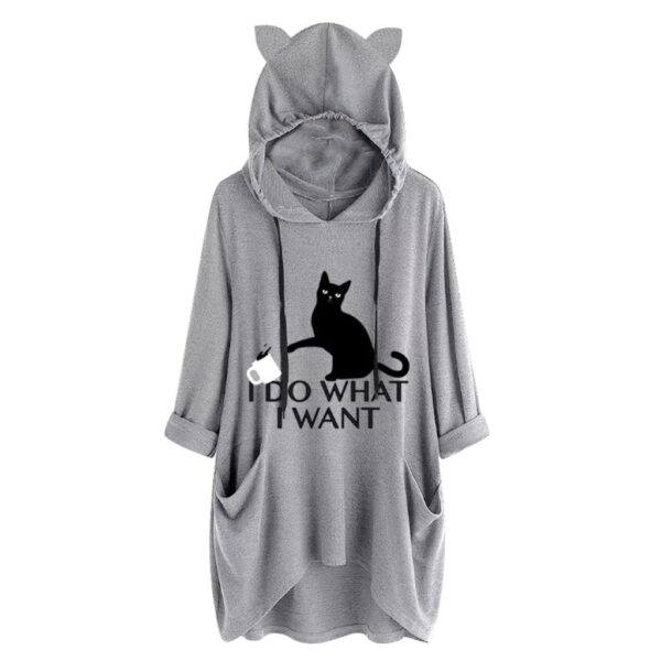 Plus Size Hoodies Women I Do What I Want Letter Print Cat And Cup Ear Pattern Pocket Oversized Sweatshirt Spring Autumn Pullover 3