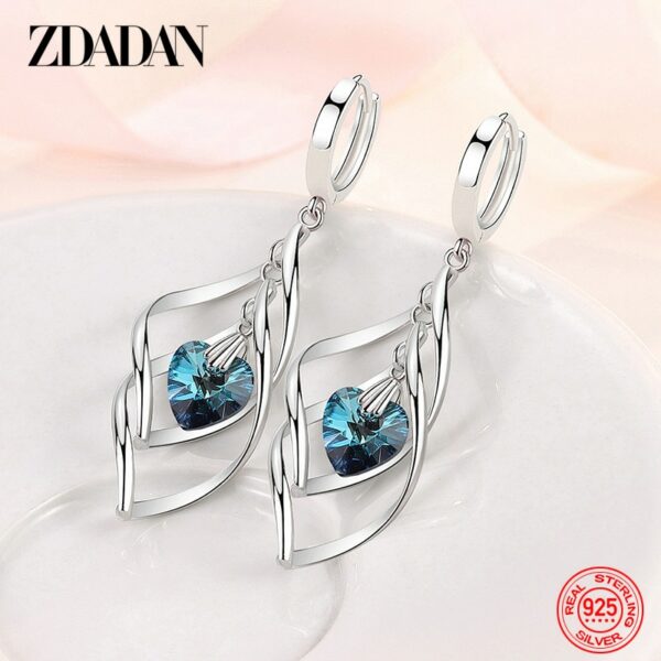 ZDADAN 925 Sterling Silver Hollow Blue Crystal Long Drop Earrings For Women Fashion Wedding Jewelry Gift 1