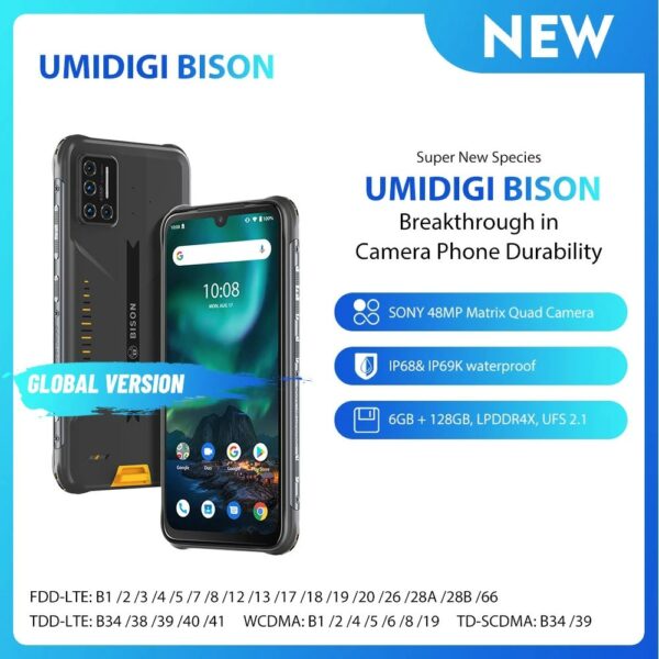 UMIDIGI BISON Smartphone  IP68/IP69K Waterproof Rugged Phone 6GB+128GB NFC Android 10 48MP Matrix Quad Camera 6.3" FHD+ Display 1