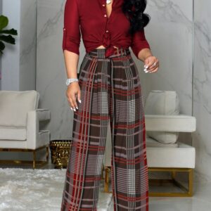 Women\'s Color Contrast Printing Wide-leg Pants Suit Casual Commuter Top + Pants Two-piece Set Female Spring Clothing 2022 New 2