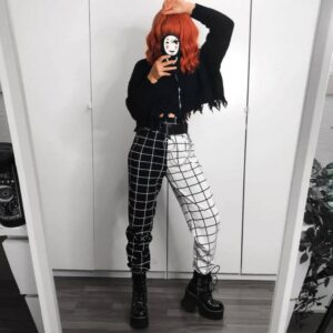 Emo Plaid Patchwork Trousers Streetwear Egirl Black and White Checkerboard Cargo Pants Women Joggers Clothes Hight Waist Alt Y2k 1