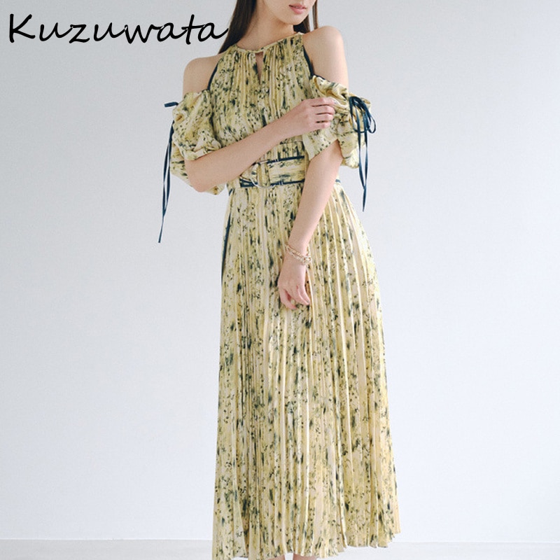Kuzuwata Japanese New Style Two Wear Women Vestidos 2022 Spring Robes Off Shoulder Drawstring Slim Waist Print Pleated Dress 1