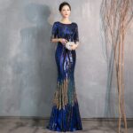 wei yin AE0370 Blue Evening Dress Long Sparkle Half Sleeve O-Neck Women Elegant Sequin Mermaid Maxi Evening Party Gown Dress 6