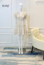 Vietnam Luxury Brand Fairy Beige Hollow Out V-Neck Bubble Sleeve Dress Woman 2021 Summer New Vintage Temperament Dresses 3