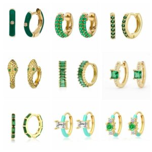 CANNER 2021 Trend Green Element Round Huggie Earrings With Charm Silver plate Crystal Earing Enamel Hoop Earrings For Women 2PCS 1