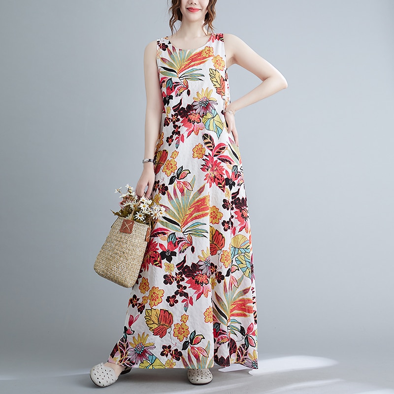 Sleeveless Beach Style Tank Dress Thin Soft Cotton Linen Print Floral Holiday Outdoor Travel Casual Dress Women Long Maxi Dress 1