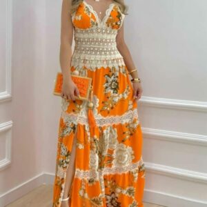 Women Dresses Floral Print Contrast Lace Split Hem Daily Wear Casual Bodycon Party Long Dress Spring Summer 2022 2