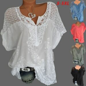 Large Size Loose Short-Sleeved Lace Women Blouses Cotton Blouses 2021 Summer Shirt Tops Sexy Fashion Women Shirt 1