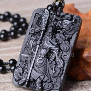Beautiful Chinese Handwork Natural Black Obsidian Carved Sword GuanGong Lucky Amulet Pendant + Beads Necklace Fashion Jewelry 1