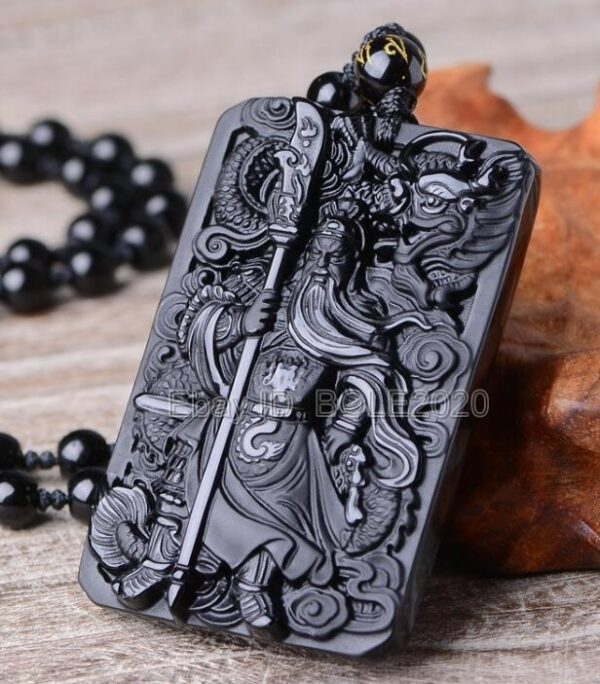 Beautiful Chinese Handwork Natural Black Obsidian Carved Sword GuanGong Lucky Amulet Pendant + Beads Necklace Fashion Jewelry 1