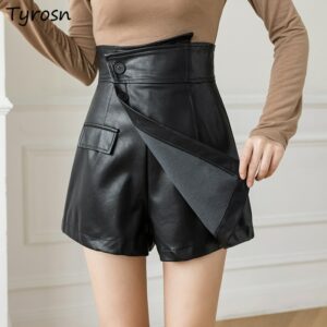Asymmetrical Shorts Women Design PU Button High Waisted Short Fashion Korean Style All-match Streetwear Chic Baggy Trousers Lady 1