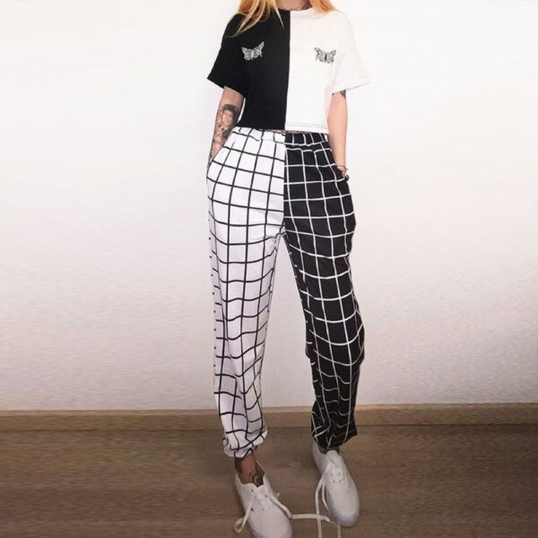 Emo Plaid Patchwork Trousers Streetwear Egirl Black and White Checkerboard Cargo Pants Women Joggers Clothes Hight Waist Alt Y2k 5