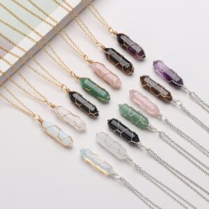 2022 Hexagonal Cylindrical Crystal Necklace Natural Stone Pendant Wire Wrap Stone Necklace for Women Men Fashion Jewelry 2
