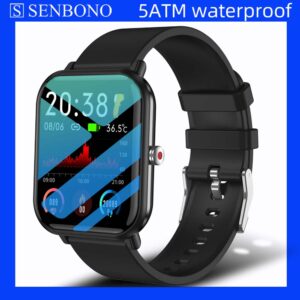 SENBONO 5ATM Waterproof Smart Watch Men Women Smartwatch 24 Sport Modes Temperature Fitness Tracker SPO2/BP/HR for Apple Xiaomi 1
