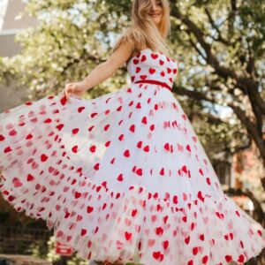 Sexy Femme Strapless Maxi Dress Women's Long Tulle Mesh Sheer Long Dress Fashion Love Heart Print Dresses for Valentine's Day 1