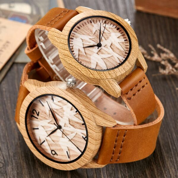 Creative Wood Watch Men Women Couple Quartz Imitate Bamboo Wooden Watch Minimalist Watches Soft Brown Leather Wrist Clock Reloj 1